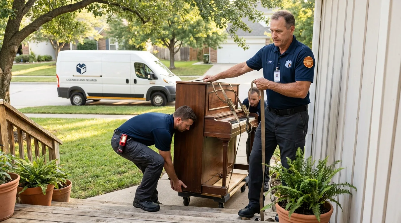 Licensed piano movers securing grand piano in Sterling Heights, MI