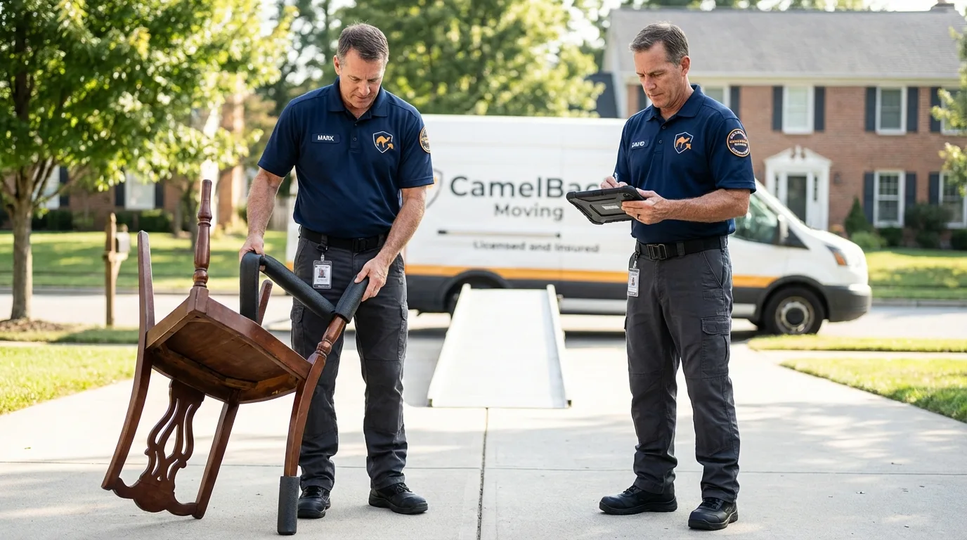 Movers inspecting furniture for damage prevention before loading in Sterling Heights, MI